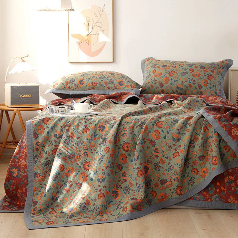 Cotton gauze bed blanket and two pillowcases set with plant and flower pattern in Flower Story Language colour