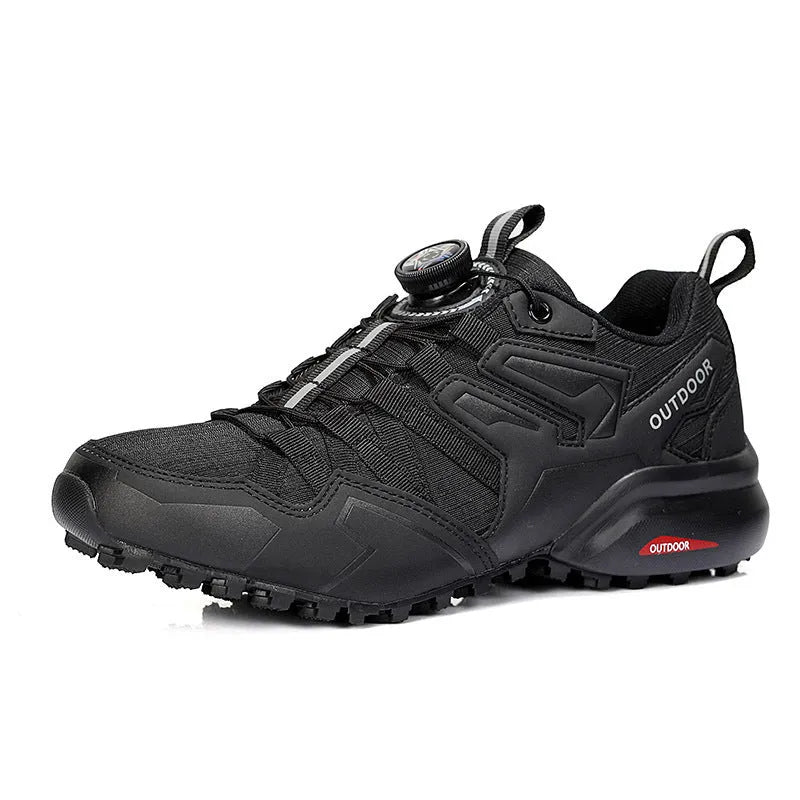 Men's beige elastic band hiking shoes with a natural rubber sole on an outdoor path.