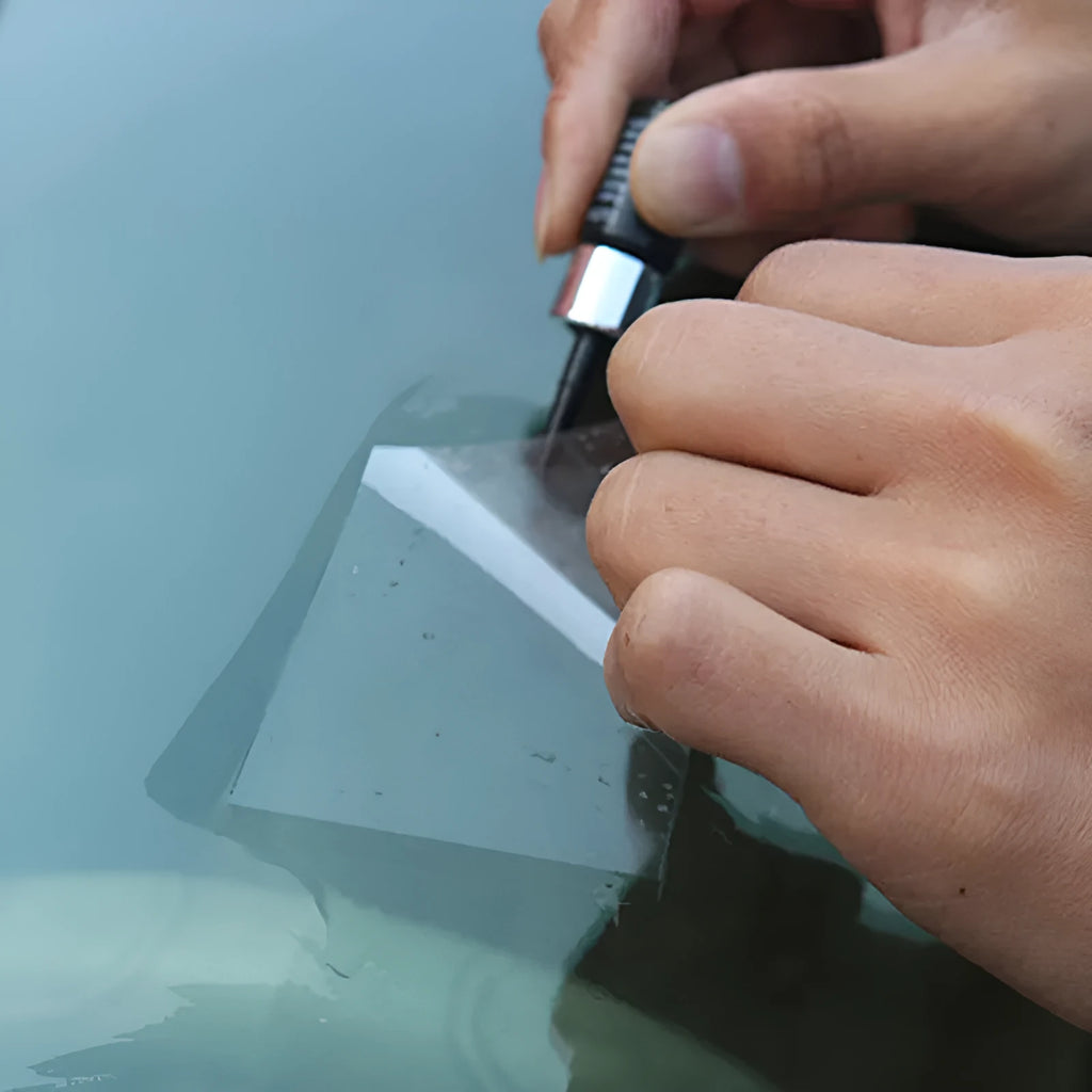 Yellow three-piece car windscreen repair agent tool set for windshield chip and crack repair