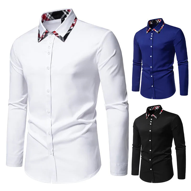 Men's plaid contrast triangle collar long sleeve shirt in polyester blend fabric