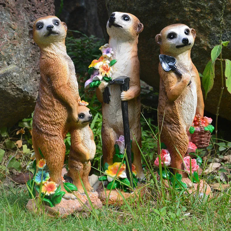 Straw hat mongoose garden ornament in plastic resin with three colour options for bonsai decoration