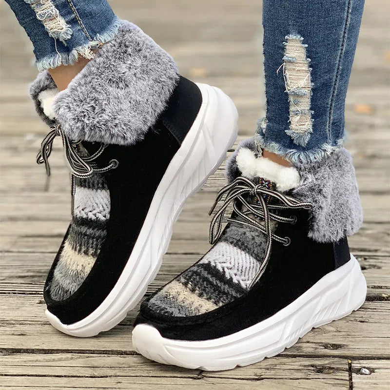 Women's beige lace-up snow boots with fuzzy suede upper and thick platform sole