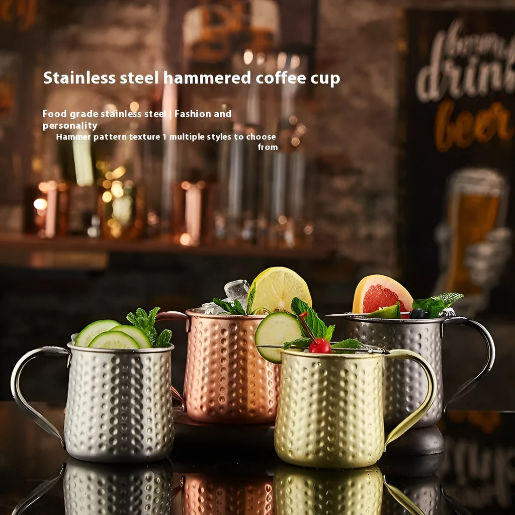 Copper plated stainless steel Moscow Mule mug in gold finish with hammered texture