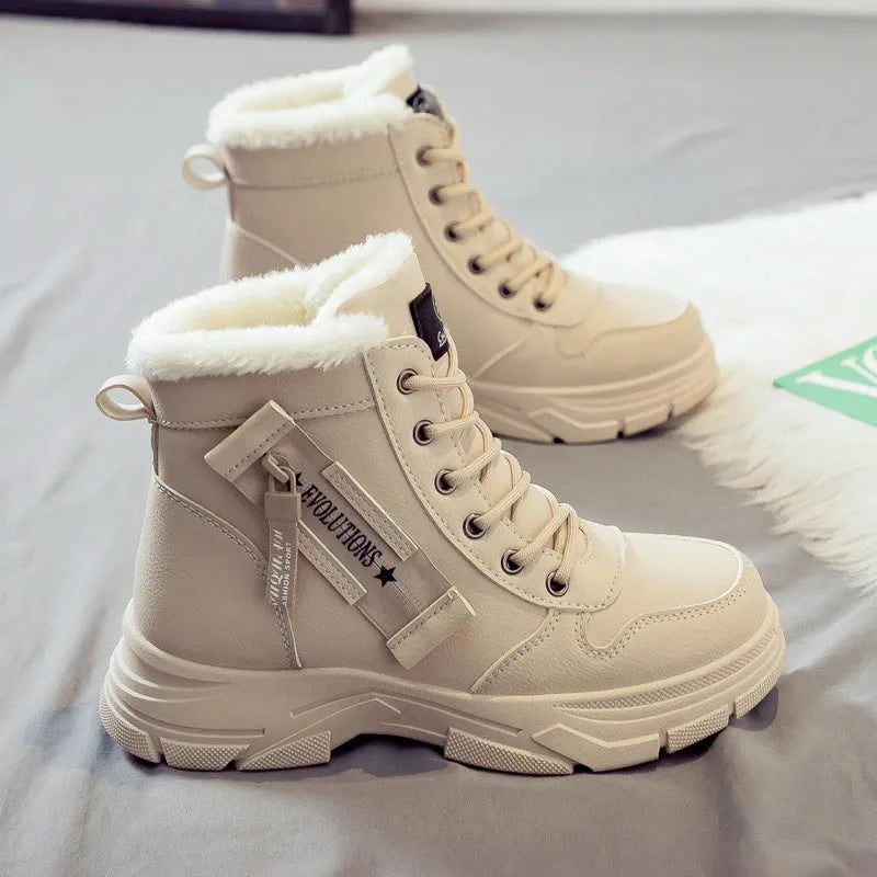 Women's plus size fleece-lined snow boots with tall upper crown and lace-up front