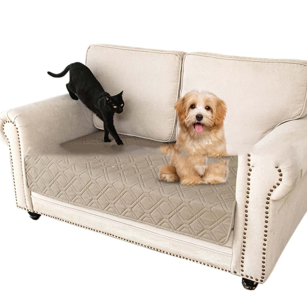 Reversible waterproof dog sofa cushion in khaki and beige, shown on a grey sofa.