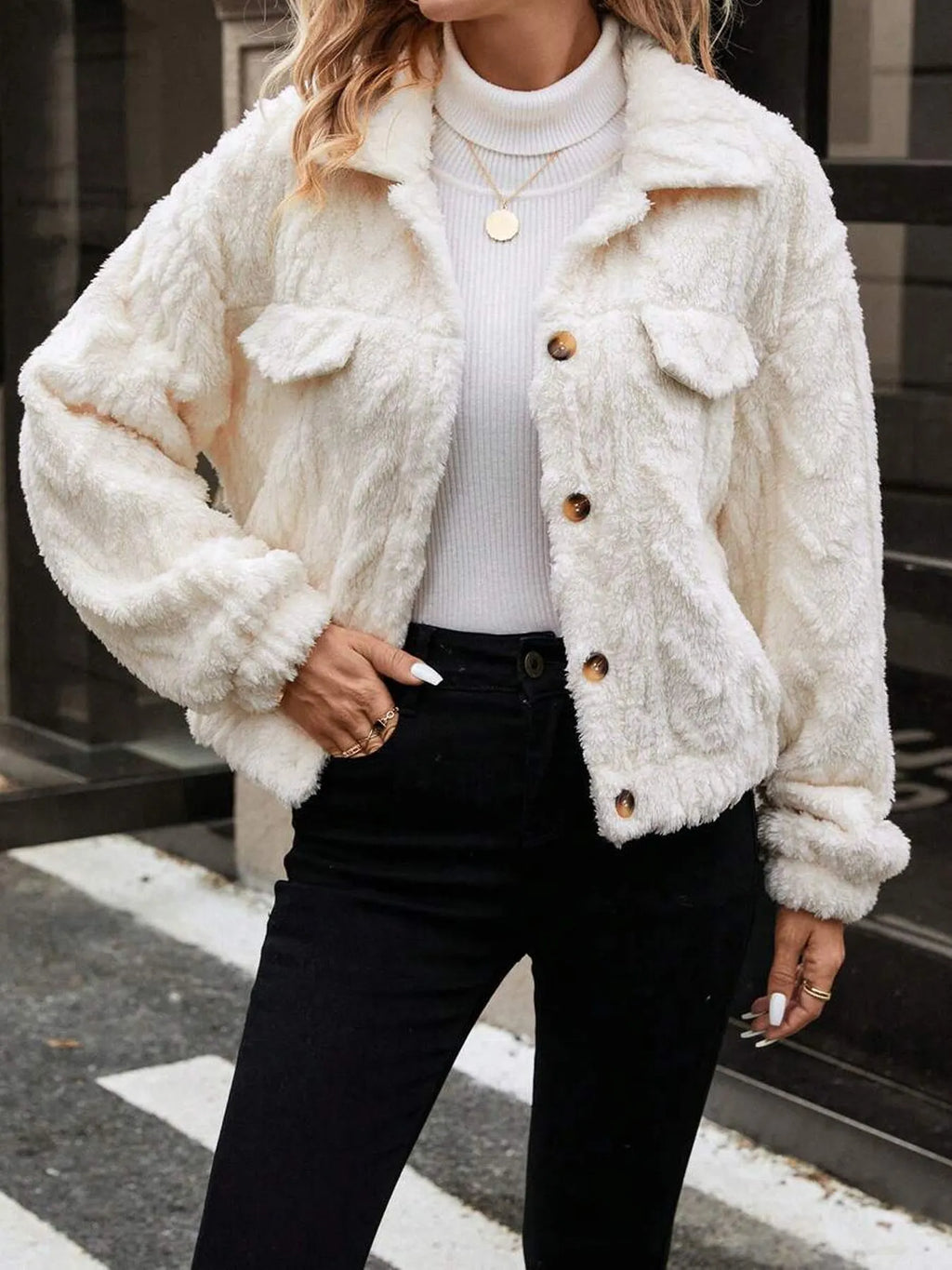 Women's ivory white plush button cardigan coat showing double-sided fabric and regular fit