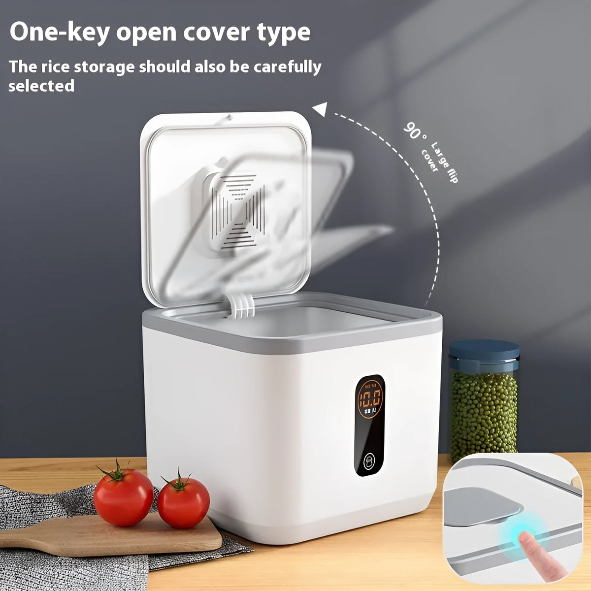 Simple grey plastic rice storage jar with sealed lid and a measuring cup on a kitchen counter.