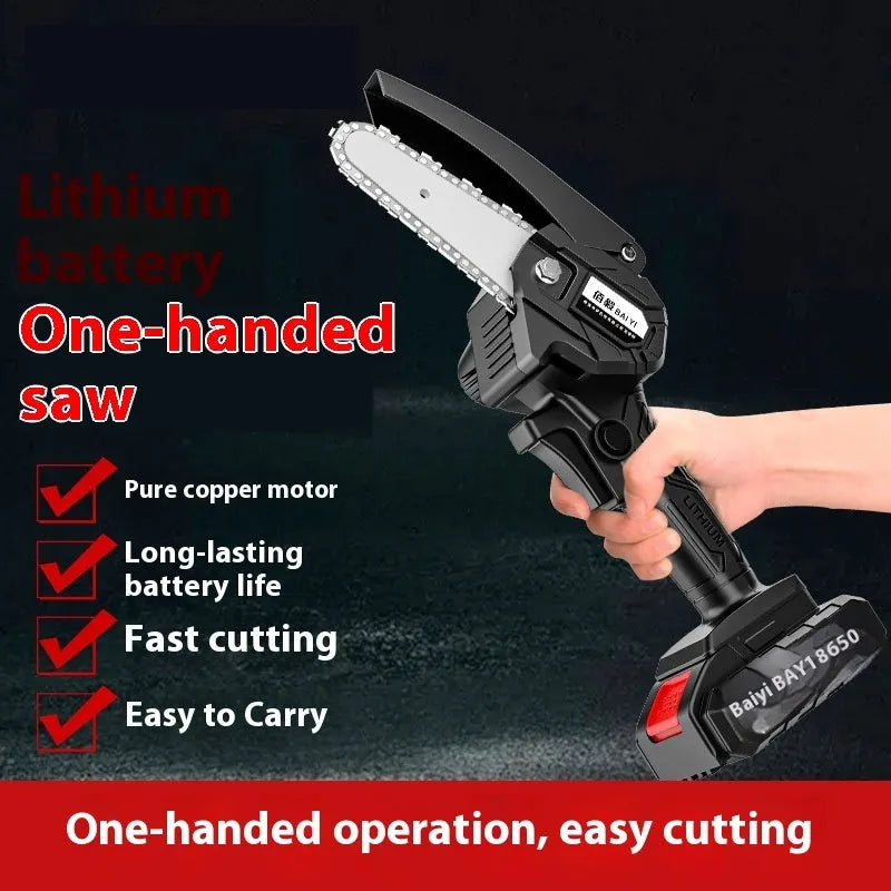 Mini one-hand wireless aluminum chainsaw with rechargeable lithium battery, power cord and instruction manual, 4-inch or 6-inch