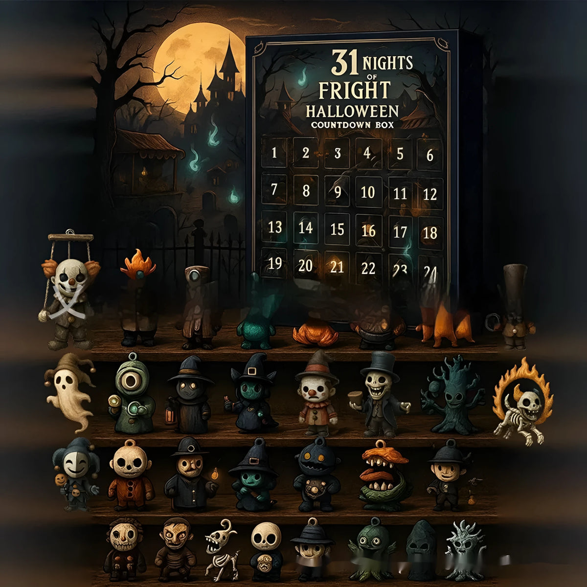31 Night Horror Advent Calendar Box showing sealed blind boxes containing resin doll surprises