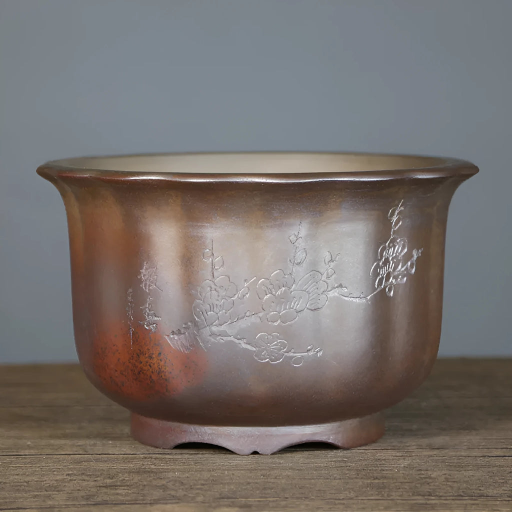 Large antique carved purple sand ceramic bonsai pot in classical style with S1696 firewood colour finish