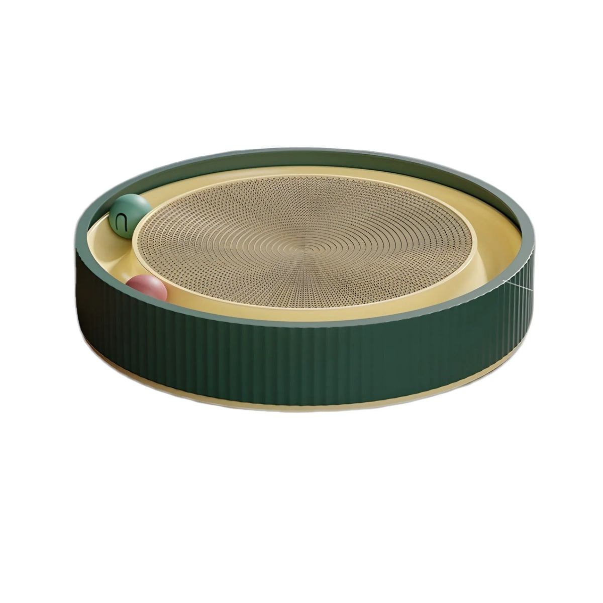 Large green and white cardboard cat scratching board with ball toys on a track.