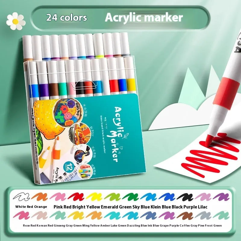 Box of multicolour acrylic marker pens for students, showing plastic bodies.