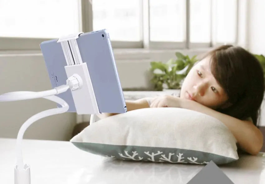 Blue universal mobile phone and tablet holder for bedside use, 4-11 inch devices, 120cm pole
