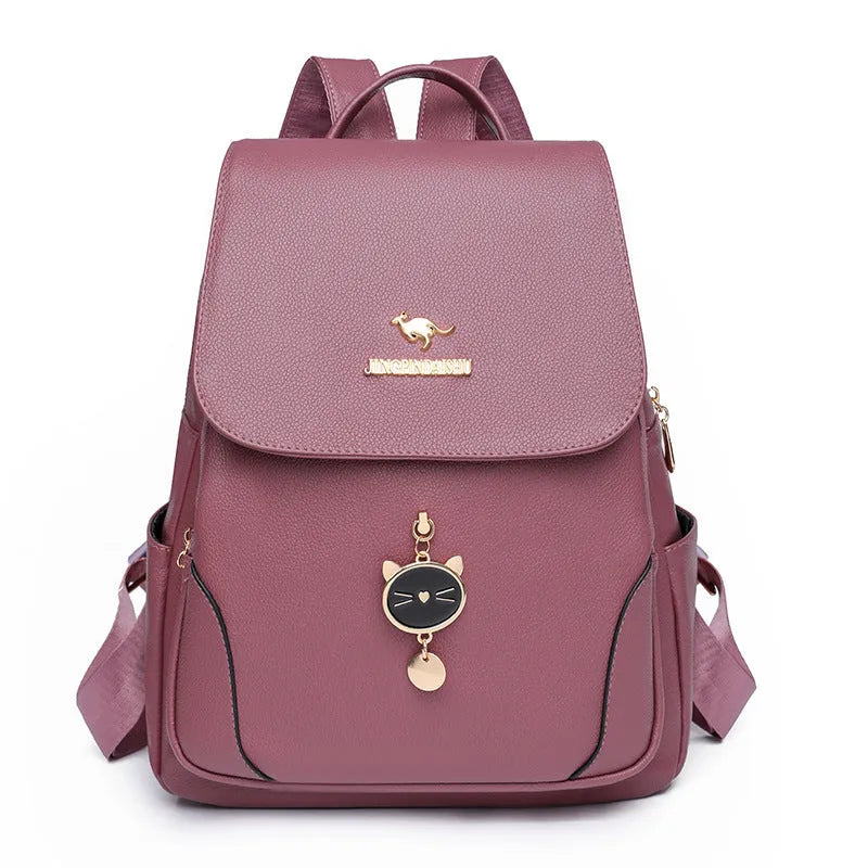 Women's leather backpack with advanced texture design showing three-dimensional pockets in street trend style