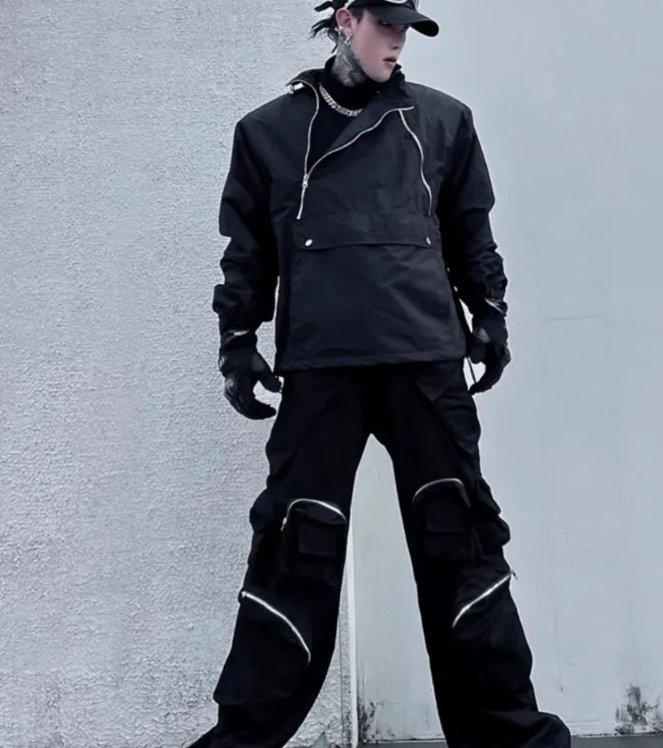 Black double zipper stand collar shell jacket in 100% polyester, men's outerwear, sizes M L XL