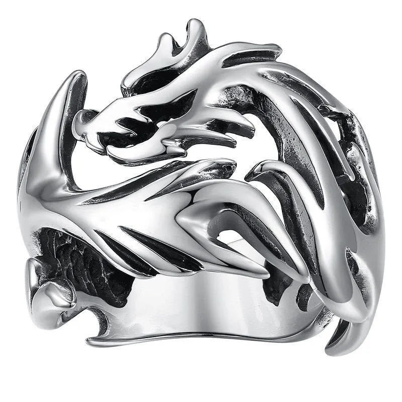 Chinese style adjustable ring with luminous dragon pattern in antique silver blue and green electroplated finish