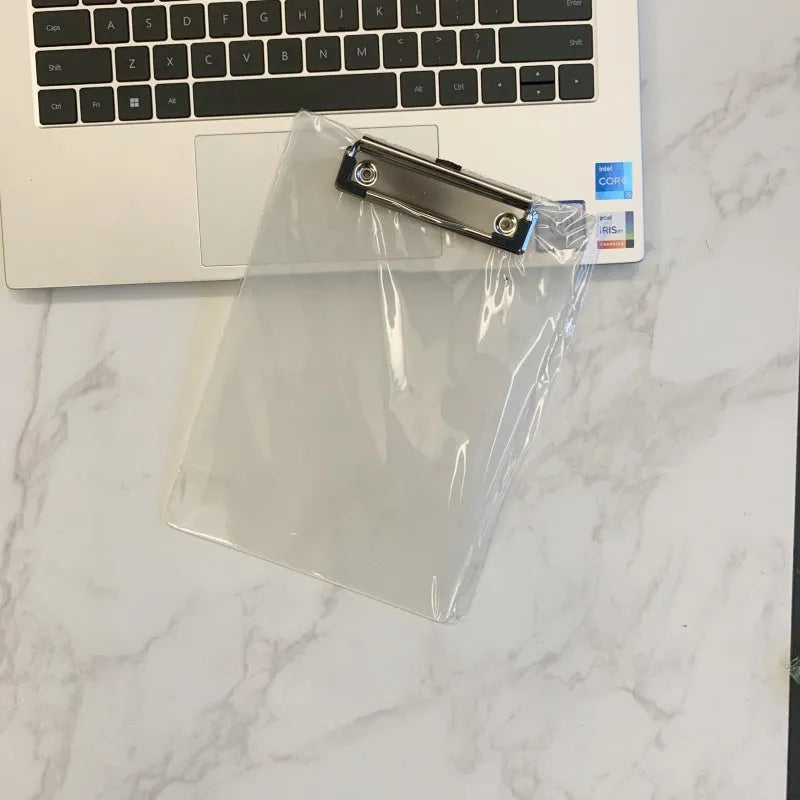 Clear plastic A4 plate holder with metal clip holding documents, available in multiple colours including blue, green, red and white.