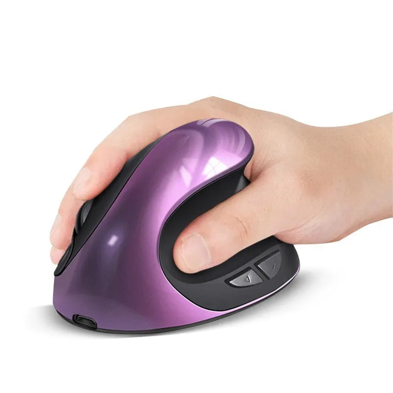 Black vertical ergonomic mouse shown from the side, highlighting its angled grip design.