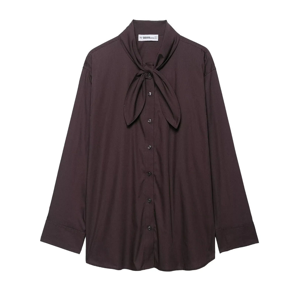 Brown women's poplin shirt with scarf bow tie detail and loose fit design