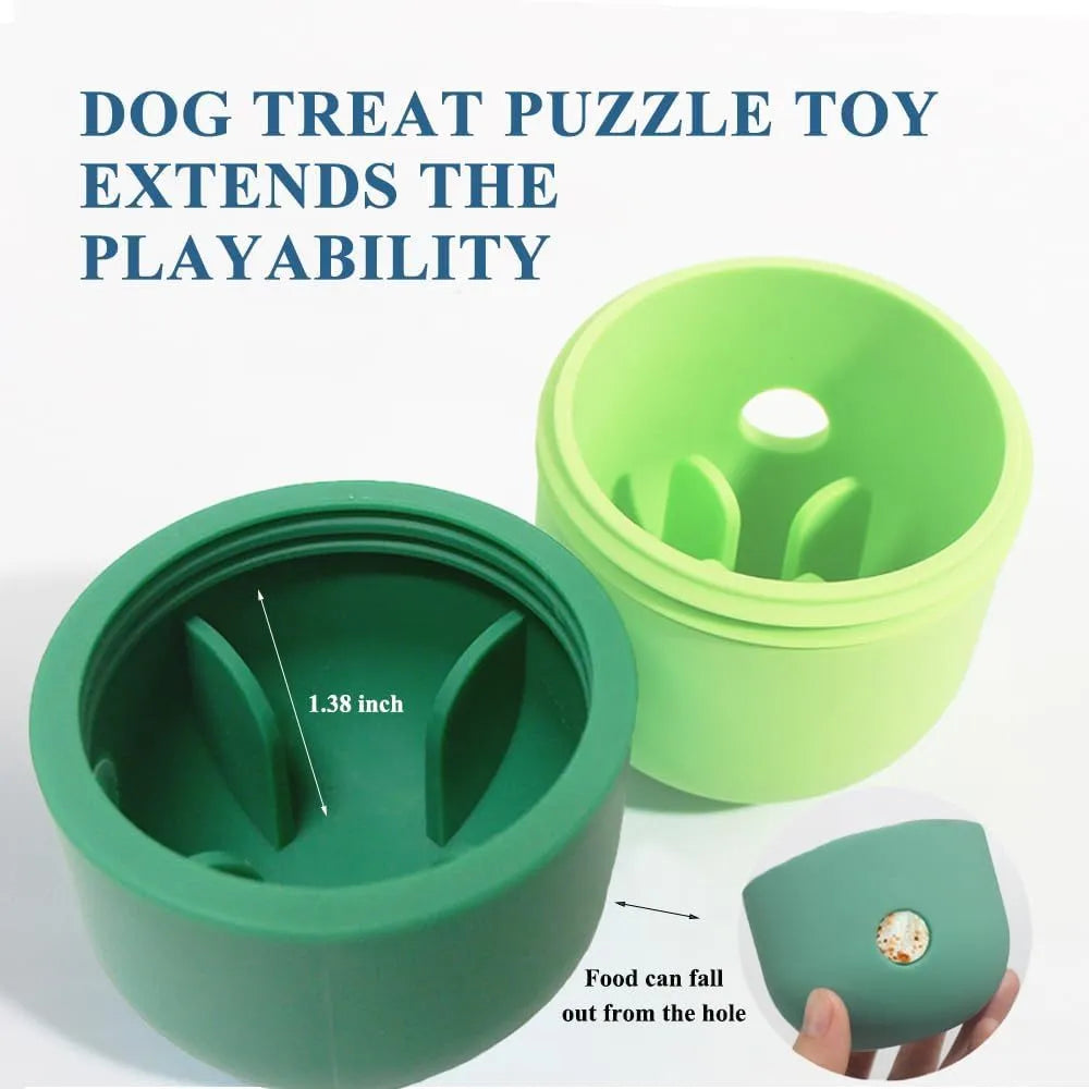 Food-grade silicone dog treat puzzle ball in blue and white, measuring 8x11cm for small medium dogs.