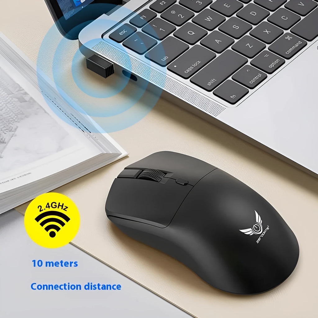 Black wireless computer mouse with three-gear audio button and optical sensor