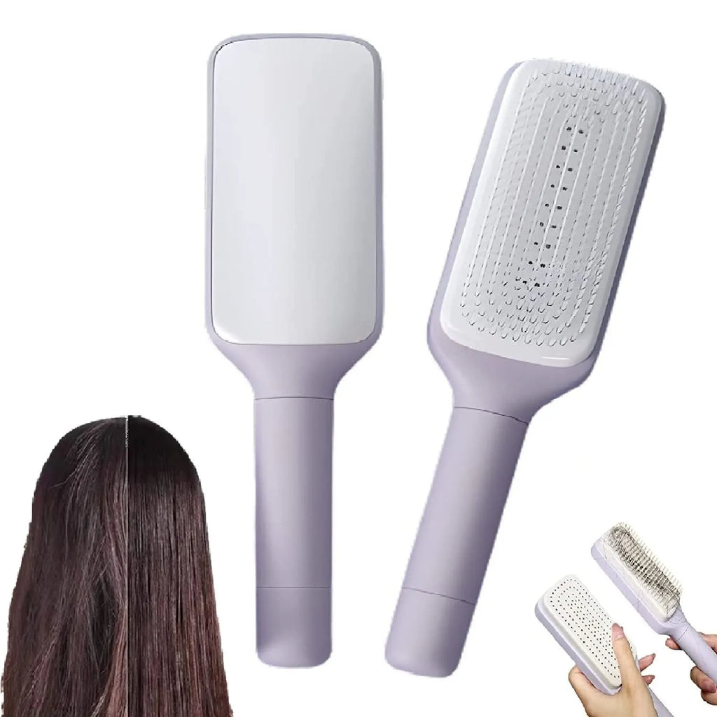 Self-cleaning hair brush in Roland purple colour showing rotate handle mechanism and bristle design