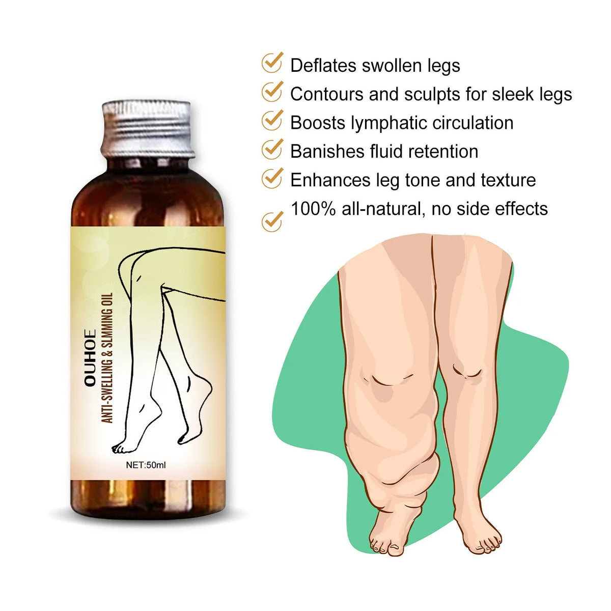 50ml bottle of moisturising essential oil for body skin care and leg massage