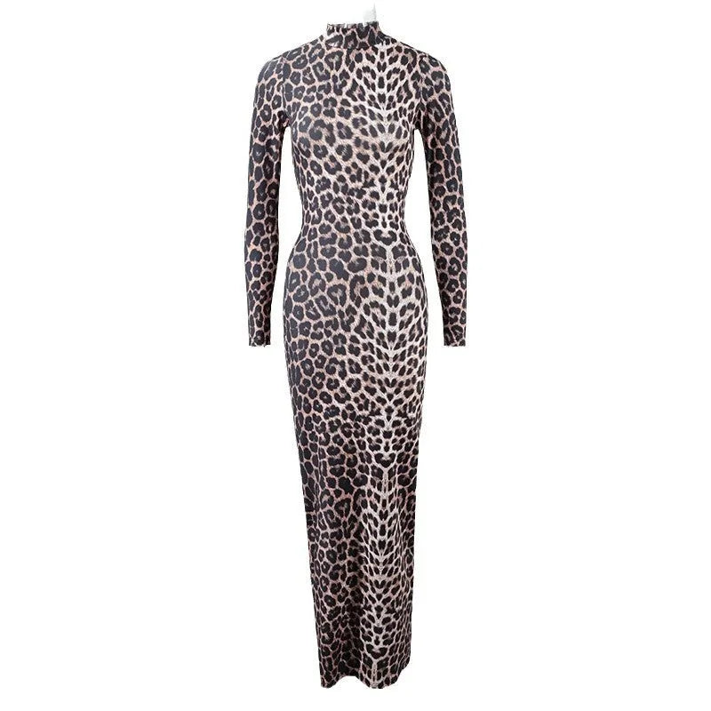 Leopard print stand collar long sleeve dress with high waist and hip skirt silhouette
