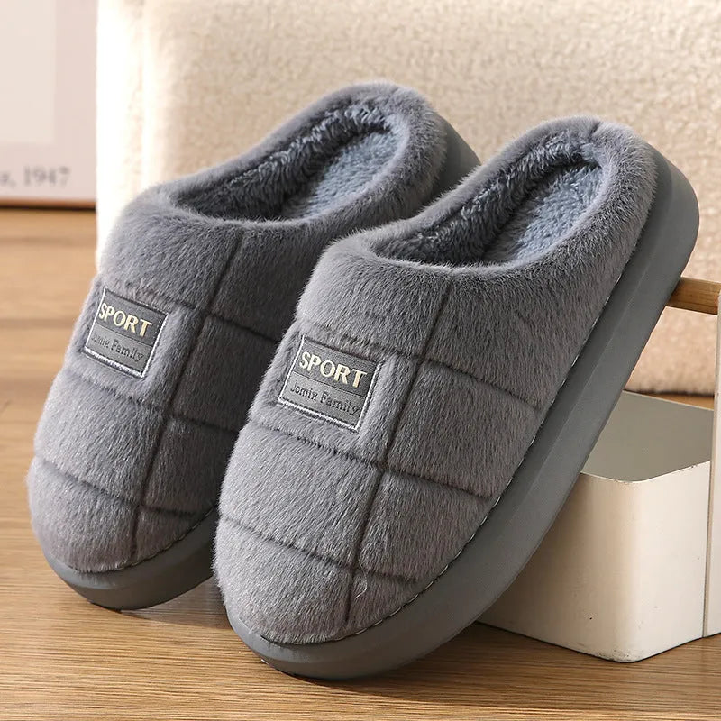 Men's plaid pattern winter slippers with brown cotton upper and EVA non-slip sole