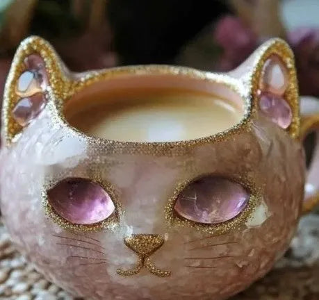 Purple geode mug with crystal cat silhouette, a synthetic resin craft item shown next to blue, green, and pink colour options.