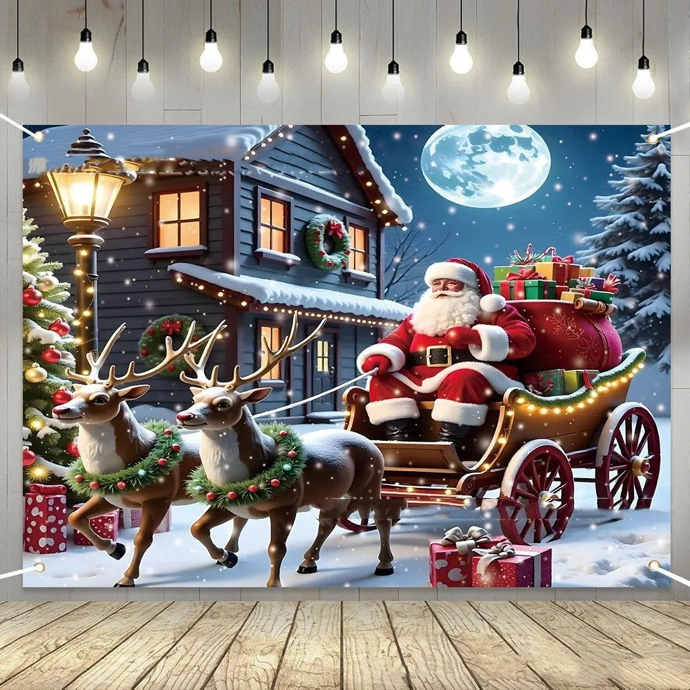 Christmas banner with Santa Claus and gift night scene design on polyester fabric