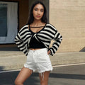 Reversible striped cropped sweater in mercerised cotton shown in blue colour.