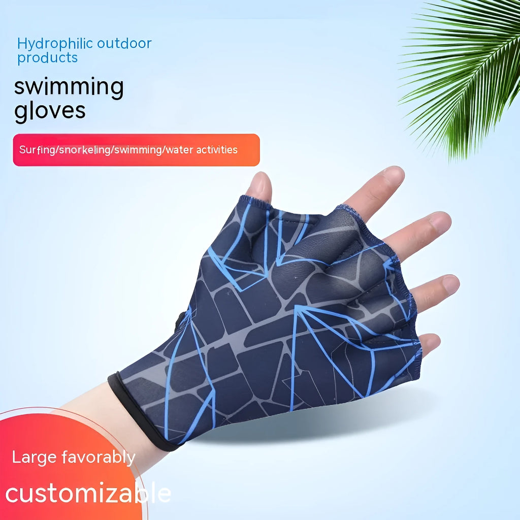 Webbed duck feet swimming gloves in nylon material showing colour pattern options including green, rose, navy blue, orange, and grey orange prints