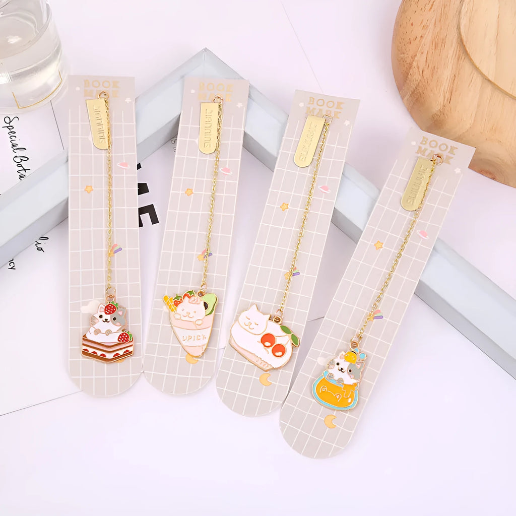 Jane Lime cat metal bookmark with cartoon pendant in four colour designs measuring 3.8cm by 18.3cm