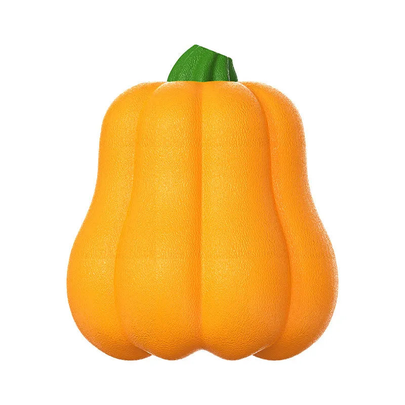 Orange pumpkin-shaped plastic dog toy with bite molar texture and rope handle for aggressive chewers