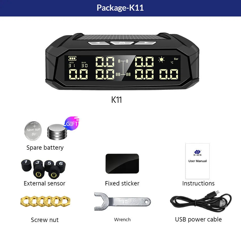 Solar tyre pressure monitor display unit with colour screen for six-wheel trucks and RVs