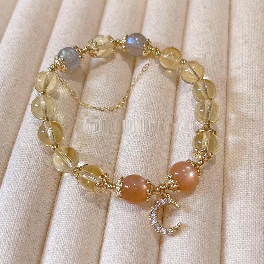 Women's Chinese style crystal bracelet with citrine moonstone and 14K gilded finish