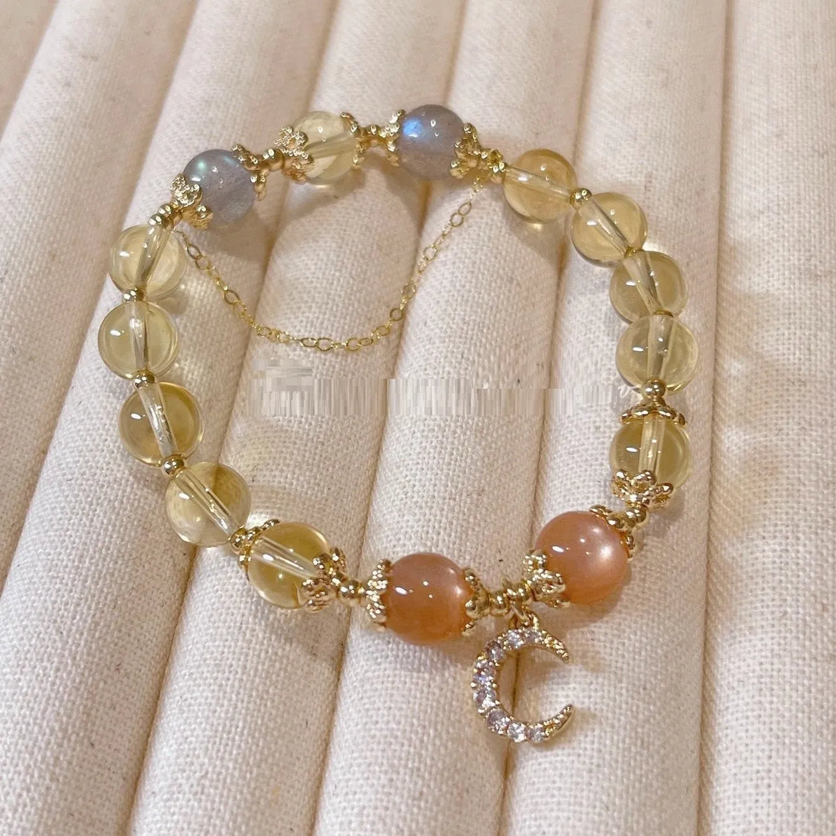 Women's Chinese style crystal bracelet with citrine moonstone and 14K gilded finish