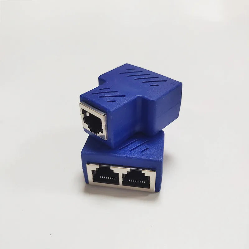 RJ45 network cable splitter adapter showing one input and two output ports in multiple colour options