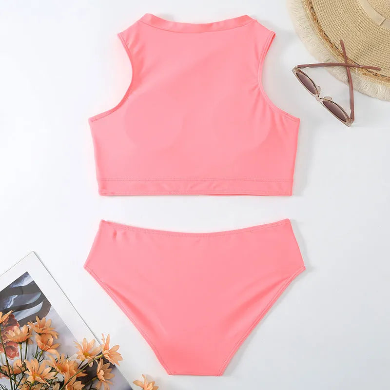 Pink high-waist women's bikini swimsuit with briefs style on a mannequin.
