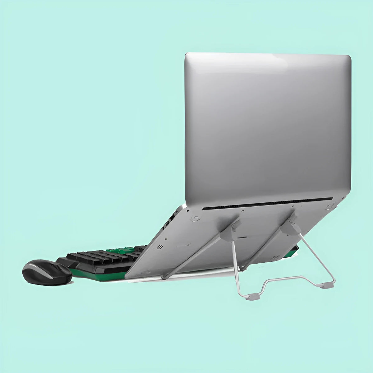 Grey aluminium mobile phone stand in folded and extended positions showing adjustable angle mechanism