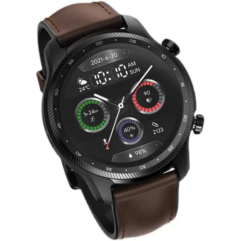 Ticwatch Pro X black smartwatch with stainless steel case and dual-layer display on a wrist