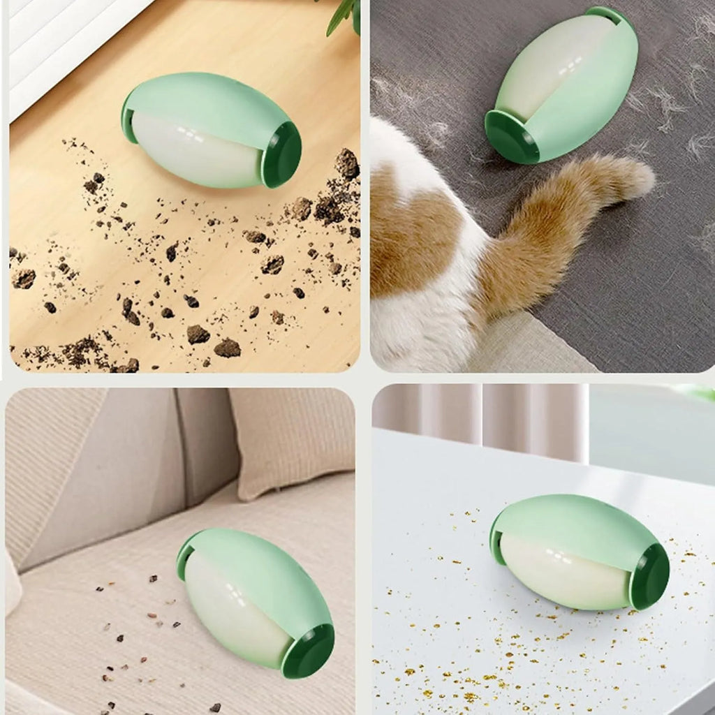 Four green and white washable reusable gel lint roller balls for portable pet hair removal.