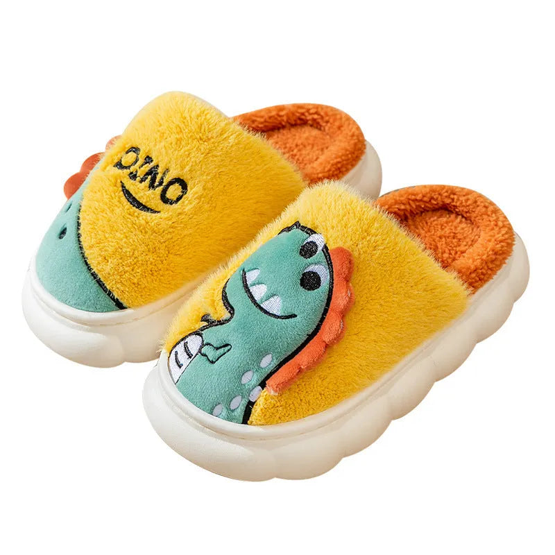 Cotton plush dinosaur pattern couple slippers in grey, coffee and orange colours