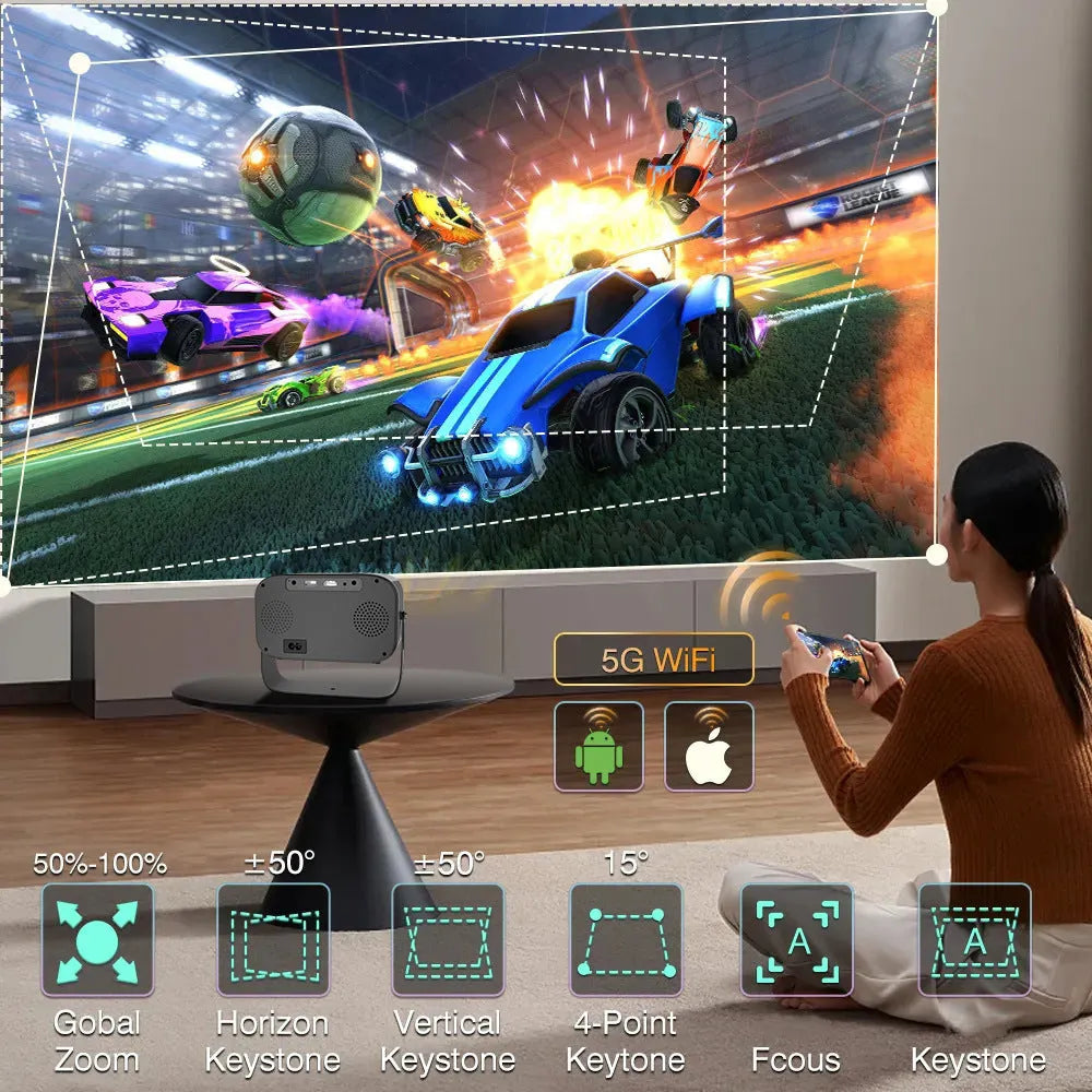 Black portable HD projector with remote control and multiple international power plugs
