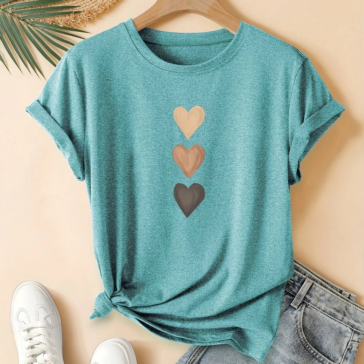 Women's pure cotton short sleeve T-shirt with printed three heart design in blue colour