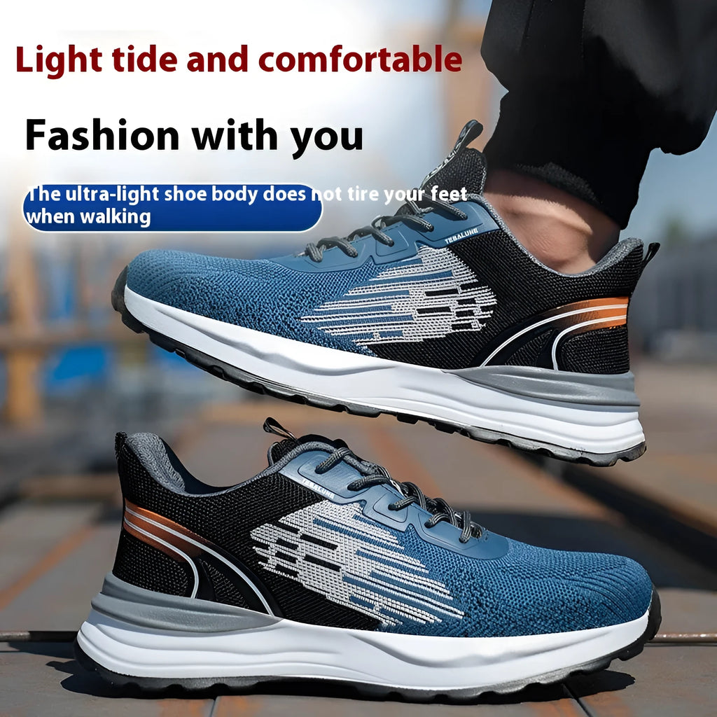 Blue men's low-top safety work shoes with mesh upper and plastic toe cap on a white background.