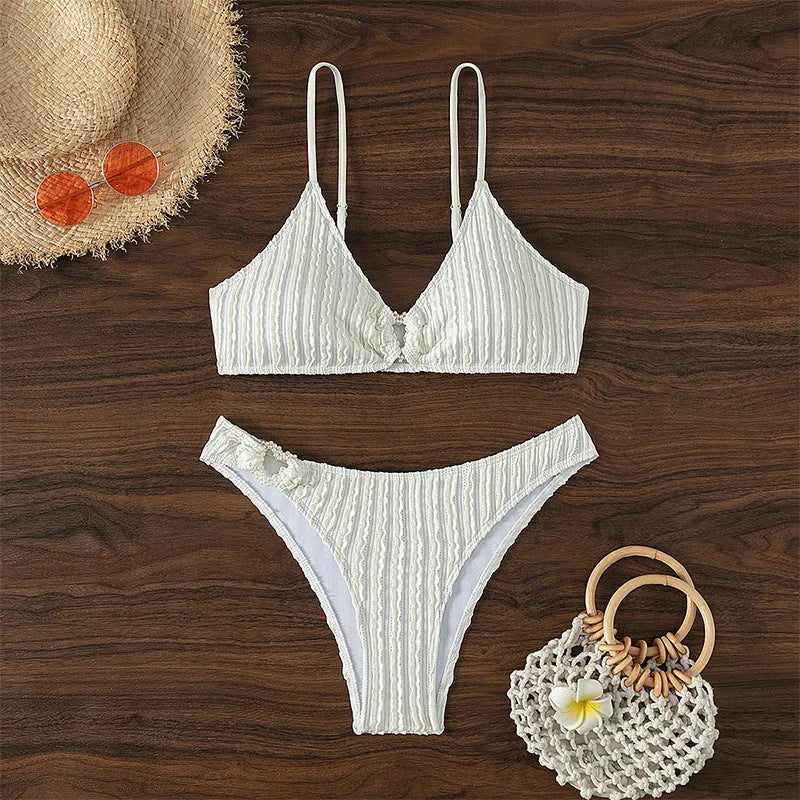 White women's V-neck swimsuit with split style and sleeveless design for swimming activities