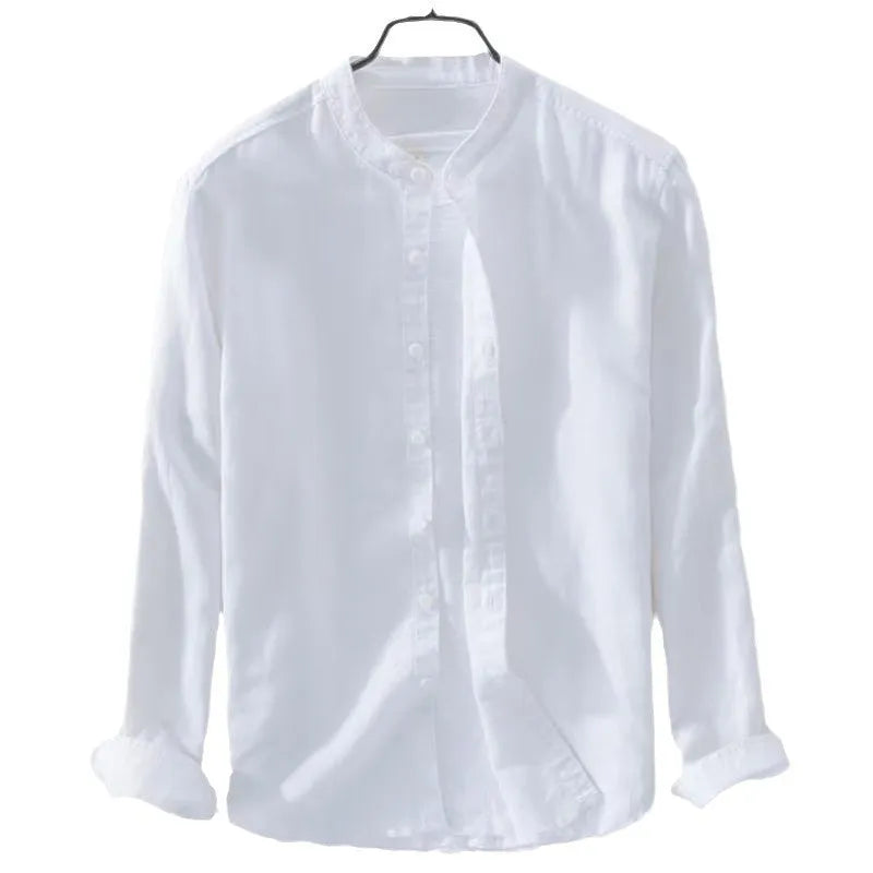 Loose fit casual long sleeve shirt in linen blend fabric, showing dark blue colour option