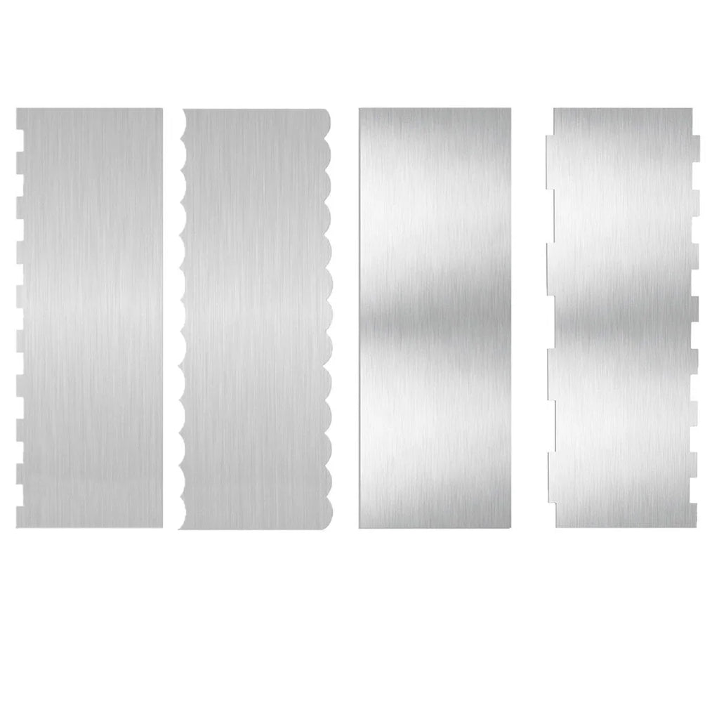 Stainless steel cream scraper cake decorating tool showing polygon patterns for textured cake finishes